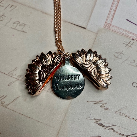 Rose Gold Tone Sunflower Locket Necklace - Picture 2 of 4